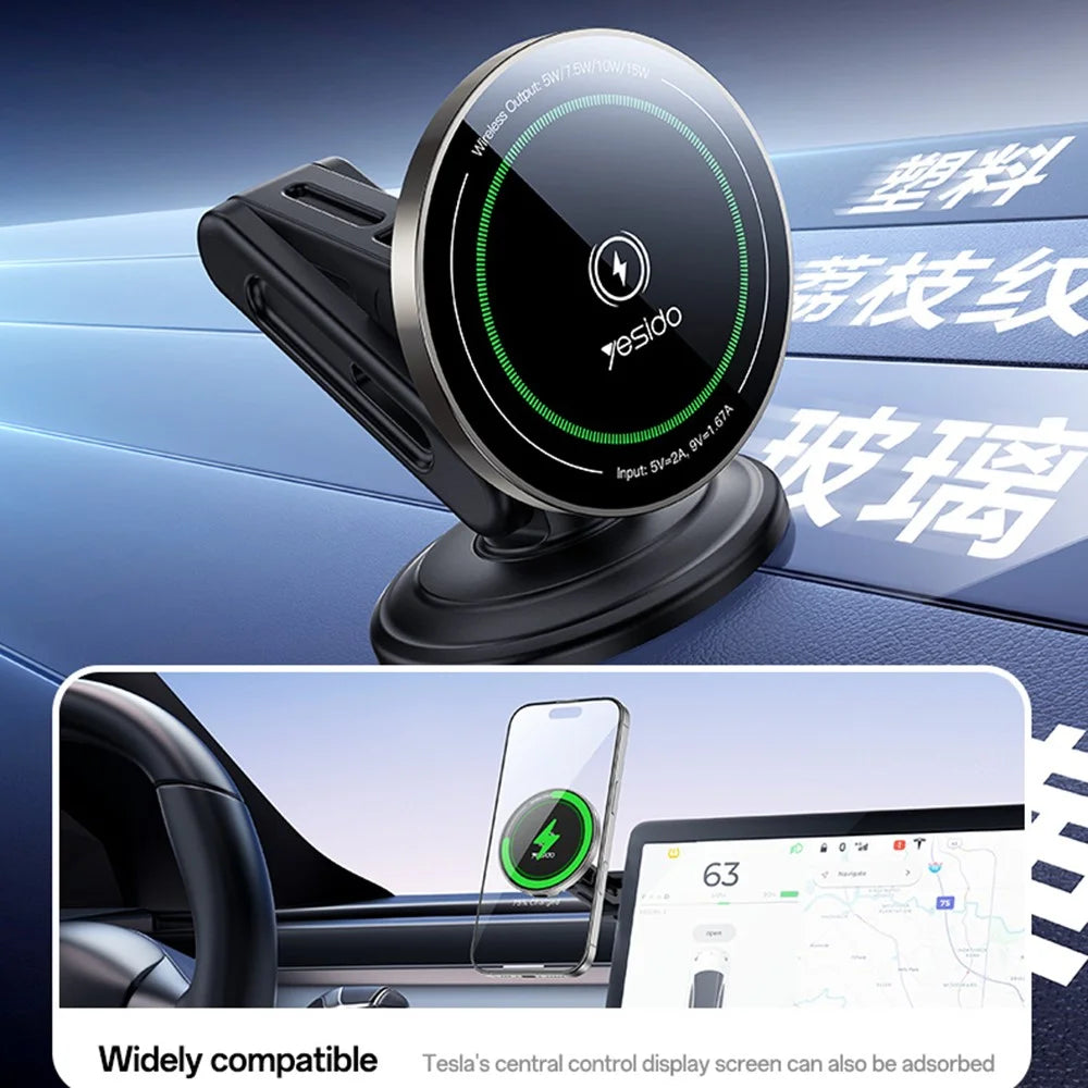 YESIDO C317 Magnetic Wireless Charger 15W Fast Charging Car Mount Dashboard Phone Holder with Breathing Light - 5