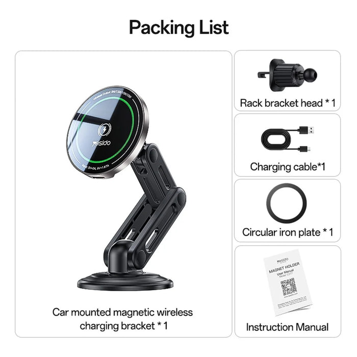YESIDO C317 Magnetic Wireless Charger 15W Fast Charging Car Mount Dashboard Phone Holder with Breathing Light - 7