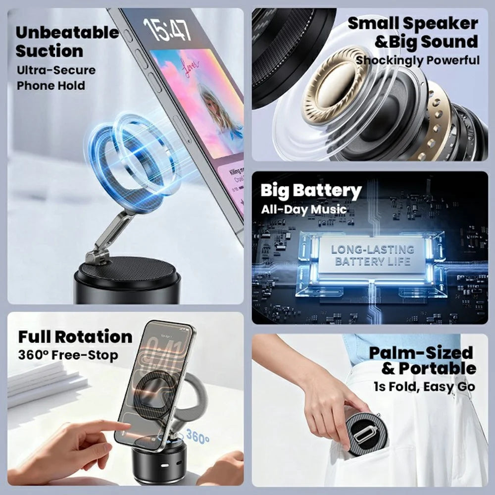 HONNOBE A5 Zinc Alloy Magnetic Phone Mount Bluetooth-Compatible Speaker Rotatable Holder with 360° Surround Sound - Black - 7
