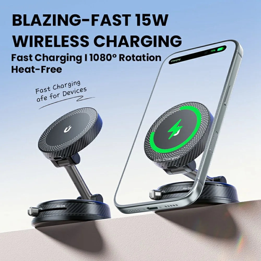 HONNOBE A14 Magnetic Wireless Charging Phone Mount Vacuum Suction 15W Fast Charger Phone Stand For Dashboard Windshield - Black - 2