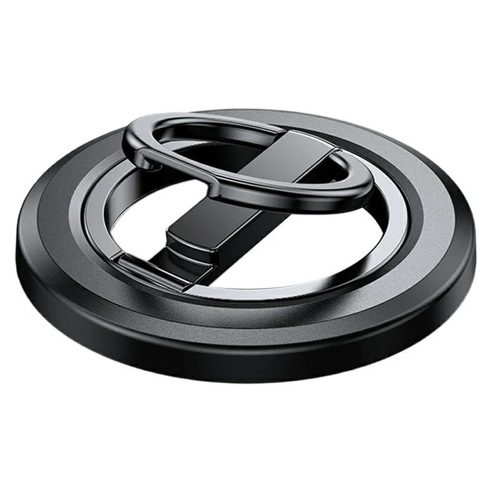 Folding Metal Phone Stand 360 Degree Rotation Damping Gear Ultra Thin Magnetic Ring Holder - Black - 1