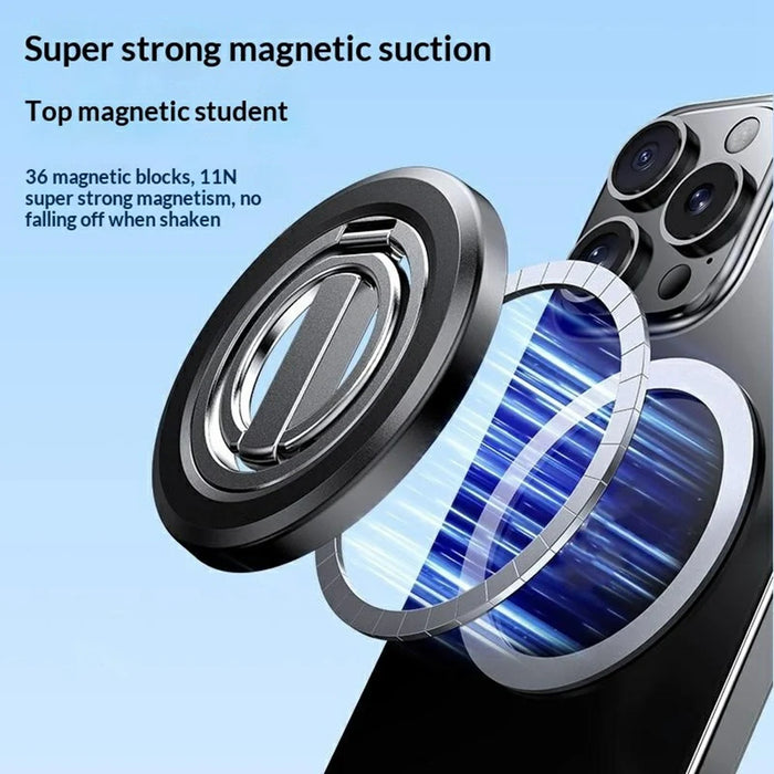 Folding Metal Phone Stand 360 Degree Rotation Damping Gear Ultra Thin Magnetic Ring Holder - Black - 3