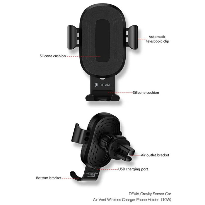DEVIA EA194 Gravity Sensor Car Air Vent Mount Wireless Charger Phone Holder Stand - Black - 7