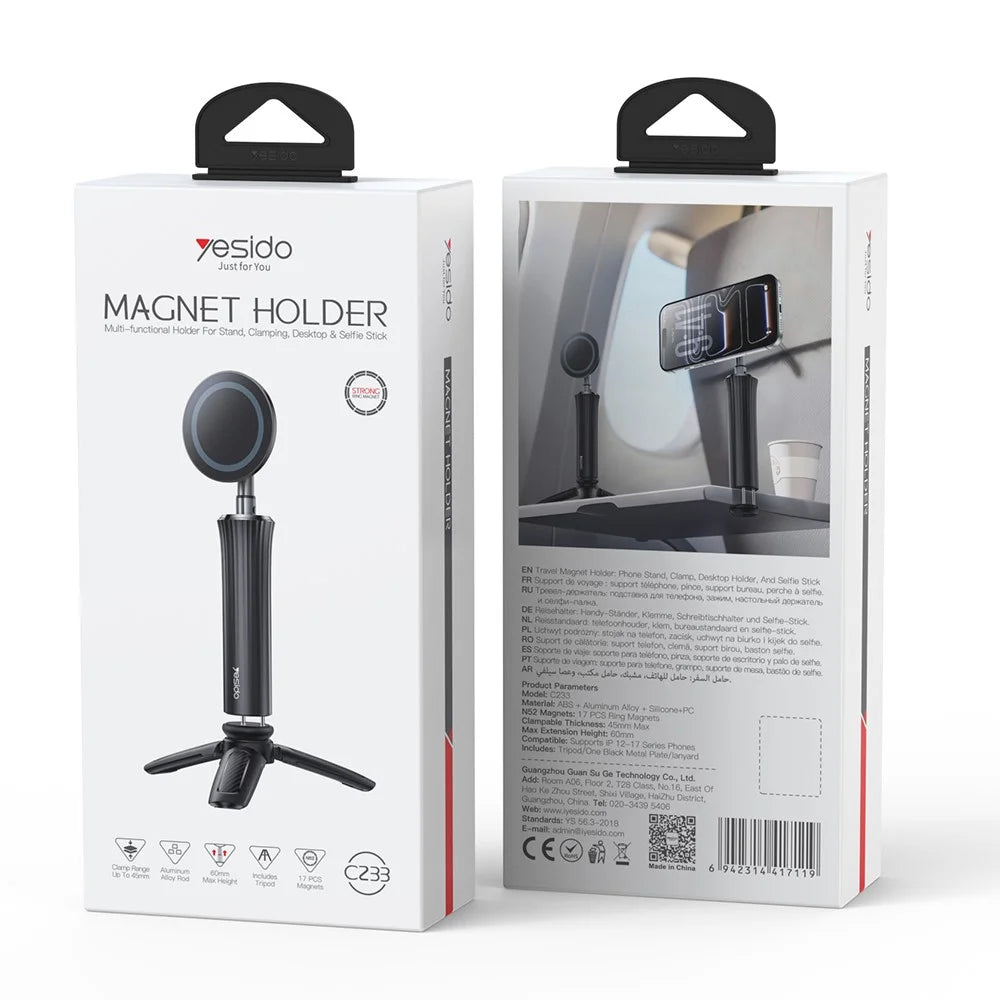 YESIDO C233 Magnetic Phone Tripod Telescopic Clip-on Desktop Holder Stand for Selfie Live Streaming - Black - 7