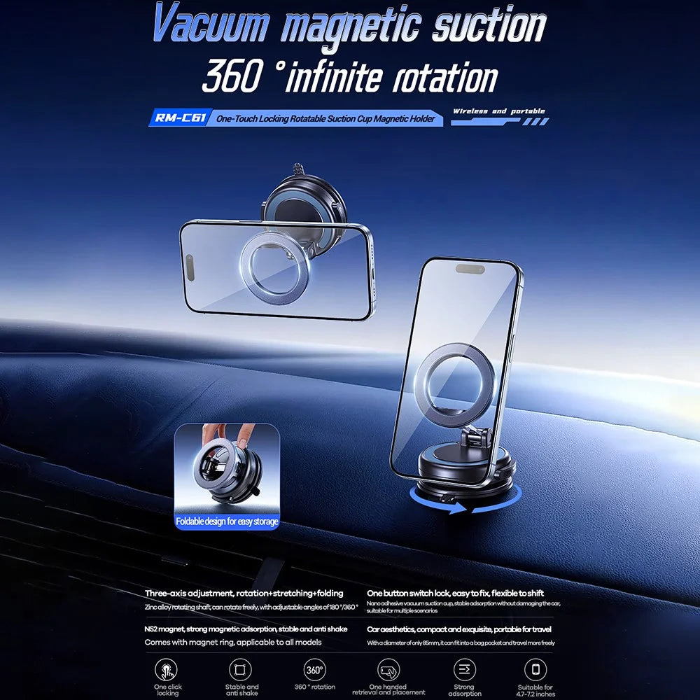 REMAX RM-C61 One Touch Locking Magnetic Car Mount Rotating Vacuum Suction Cup Phone Holder - Black - 2