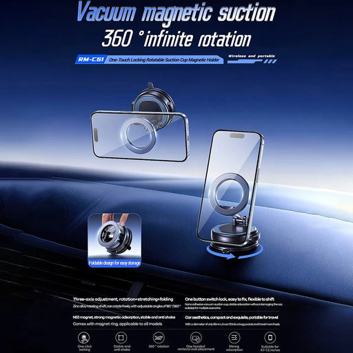 REMAX RM-C61 One Touch Locking Magnetic Car Mount Rotating Vacuum Suction Cup Phone Holder - Black - 2