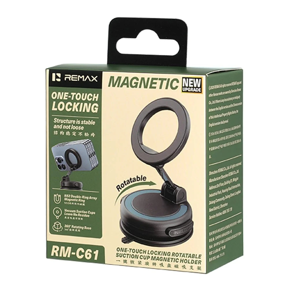 REMAX RM-C61 One Touch Locking Magnetic Car Mount Rotating Vacuum Suction Cup Phone Holder - Black - 3