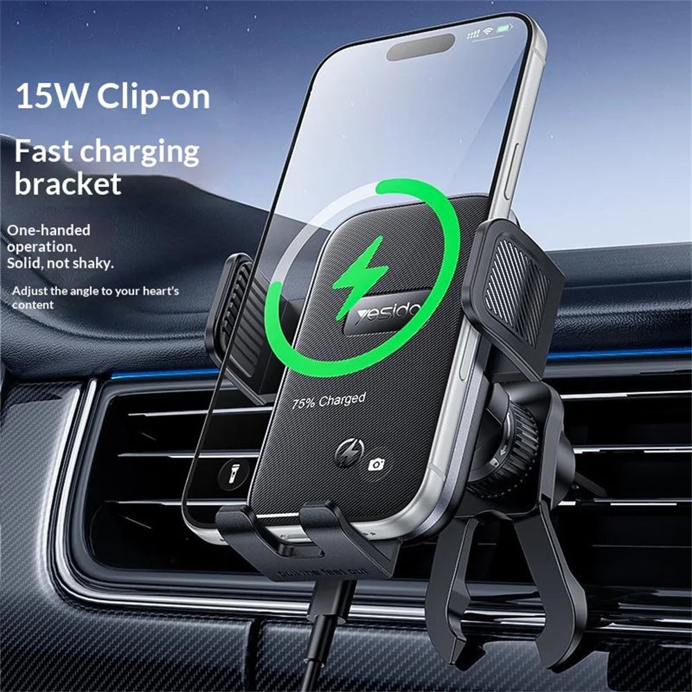 YESIDO C318 15W Qi Car Wireless Charger Mount 360 Degrees Rotation Air Vent Clip-on Phone Holder for 5.4-7.2 Inch - Black - 2