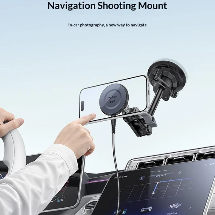 YESIDO C323 15W Wireless Charging Long Arm Magnetic Phone Holder with Suction Cup Base for Car Dashboard Windshield - Black - 3