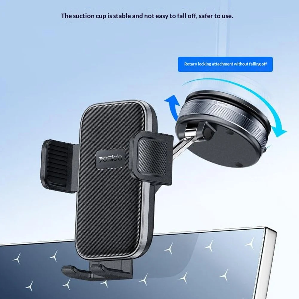 YESIDO C283 Vacuum Suction Cup Phone Holder One Touch Clamp 360 Degrees Rotating Car Mount Stand for Dashboard Windshield - Black - 2