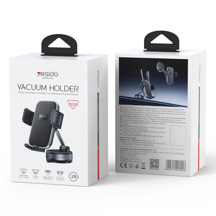 YESIDO C283 Vacuum Suction Cup Phone Holder One Touch Clamp 360 Degrees Rotating Car Mount Stand for Dashboard Windshield - Black - 7