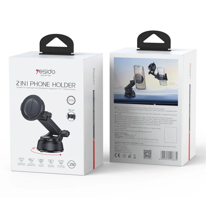 YESIDO C280 2-in-1 Suction Cup Car Phone Mount Compatible with MagSafe Magnetic 360 Degrees Rotating Holder for Dashboard Windshield - Black - 6