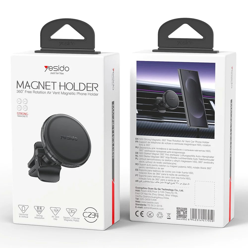 YESIDO C234 Car Air Vent Magnetic Phone Mount Hawkbill Inverted Clip 360 Degrees Rotation Phone Holder - Black - 6