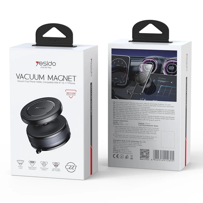 YESIDO C227 Vacuum Suction Cup Magnetic Phone Holder 360 Degree Rotation Ball Head Stand for Car Dashboard Desktop - Black - 6