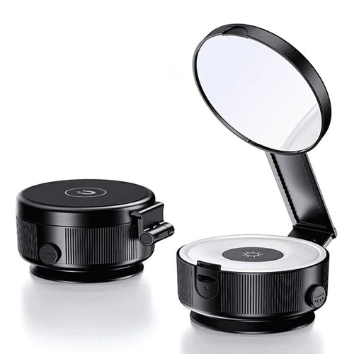 X99 3-in-1 Phone Stand with LED Fill Light & Makeup Mirror Foldable Car Mount Vacuum Suction Cup Holder - Black - 1