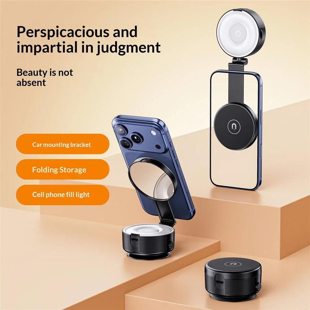 X99 3-in-1 Phone Stand with LED Fill Light & Makeup Mirror Foldable Car Mount Vacuum Suction Cup Holder - Black - 2