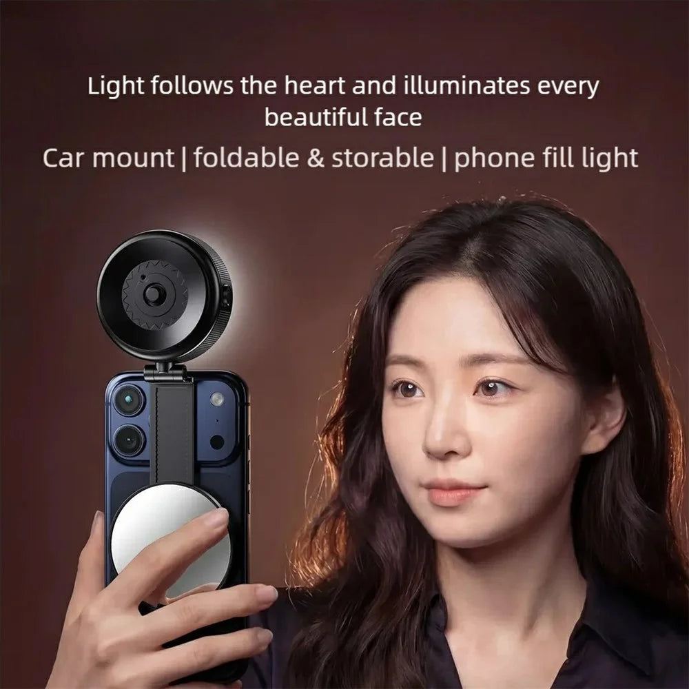 X99 3-in-1 Phone Stand with LED Fill Light & Makeup Mirror Foldable Car Mount Vacuum Suction Cup Holder - Black - 3