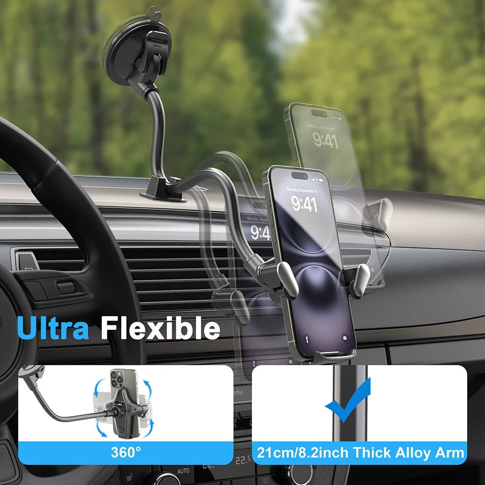 X034 Gooseneck Car Phone Mount Suction Cup Windshield Dashboard Holder Flexible Long Arm 360 Degree Adjustable Mobile Holder for 4.7-7.2 Inch Phones - Grey - 3