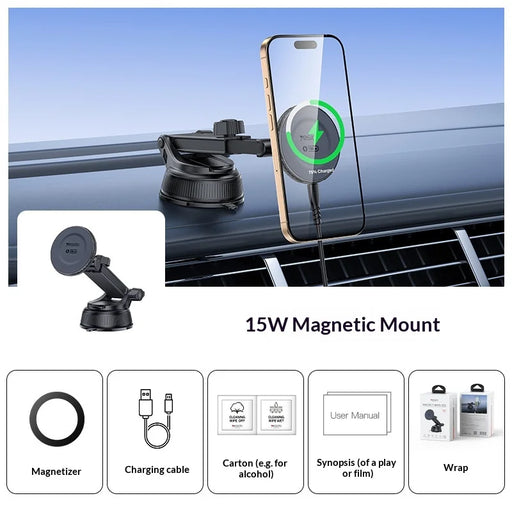 YESIDO C321 Suction Cup Mount 15W Wireless Car Charger 360 Degree Rotation Magnetic Phone Holder - Black - 2