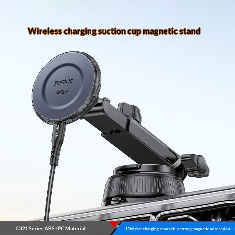 YESIDO C321 Suction Cup Mount 15W Wireless Car Charger 360 Degree Rotation Magnetic Phone Holder - Black - 3