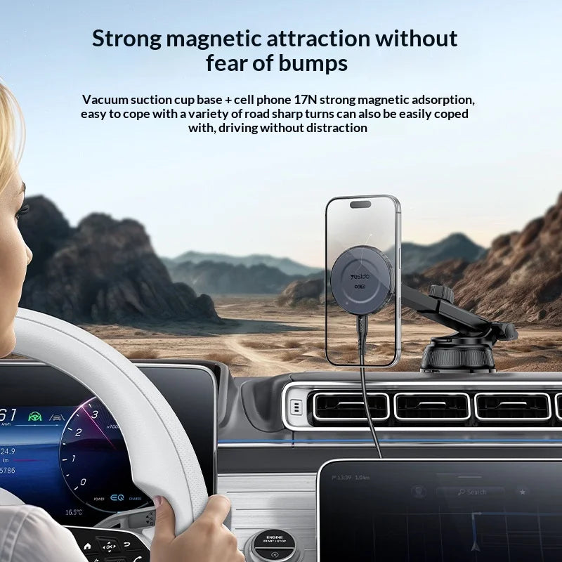 YESIDO C321 Suction Cup Mount 15W Wireless Car Charger 360 Degree Rotation Magnetic Phone Holder - Black - 4