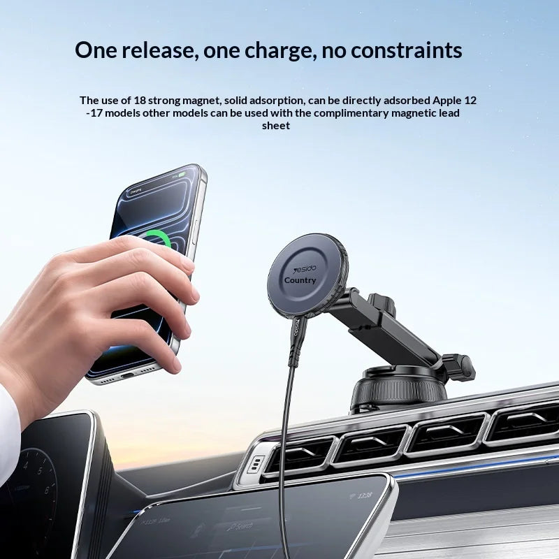 YESIDO C321 Suction Cup Mount 15W Wireless Car Charger 360 Degree Rotation Magnetic Phone Holder - Black - 5