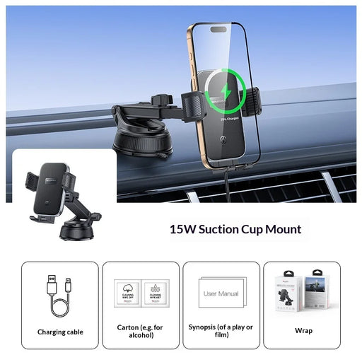 YESIDO C320 15W Wireless Charger Car Suction Cup Mount 360 Degree Rotation Phone Holder Stand for Dashboard - Black - 2