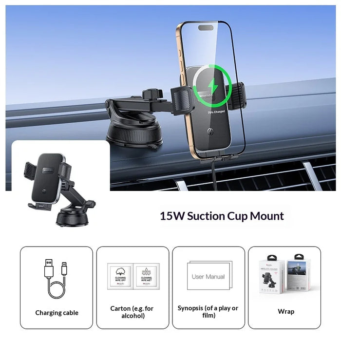 YESIDO C320 15W Wireless Charger Car Suction Cup Mount 360 Degree Rotation Phone Holder Stand for Dashboard - Black - 2