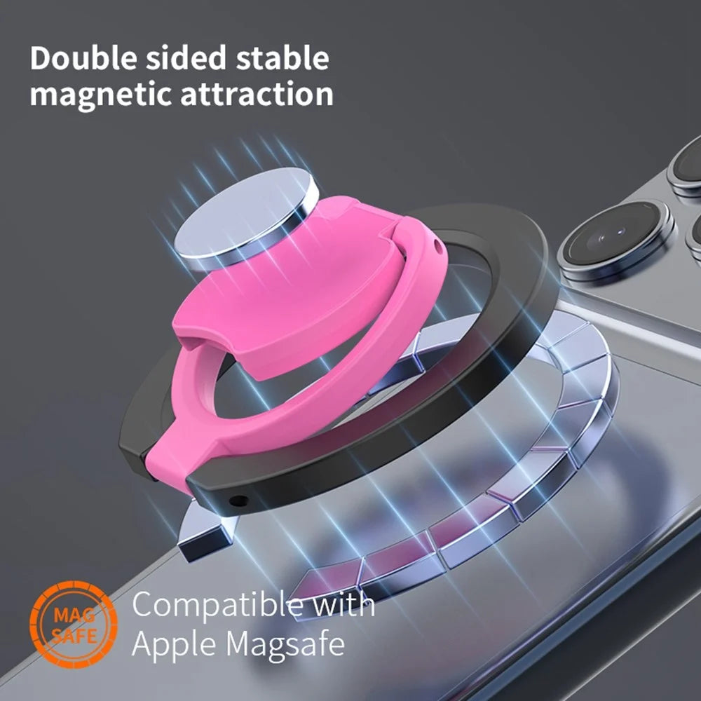 Magnetic Phone Ring Stand Multi-functional Double-sided Foldable Metal Holder with 360° Rotation - White+Pink - 5