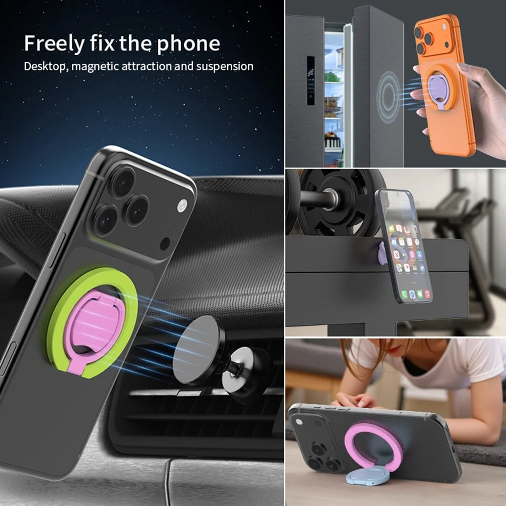 Magnetic Phone Ring Stand Multi-functional Double-sided Foldable Metal Holder with 360° Rotation - White+Pink - 6