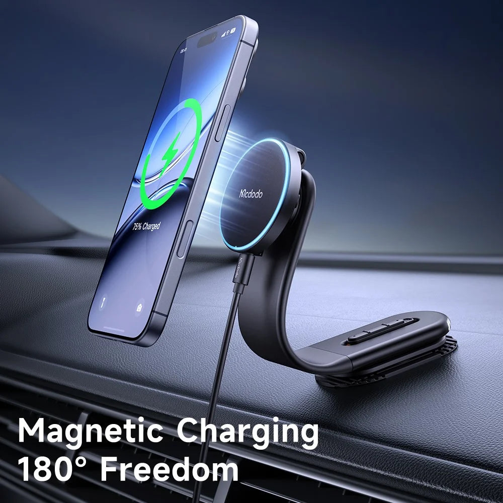 MCDODO CH-6290 MagiGo Pro Magnetic Car Holder 15W Fast Charging Station Wireless Charger Bendable Mount for Dashboard - Black - 3