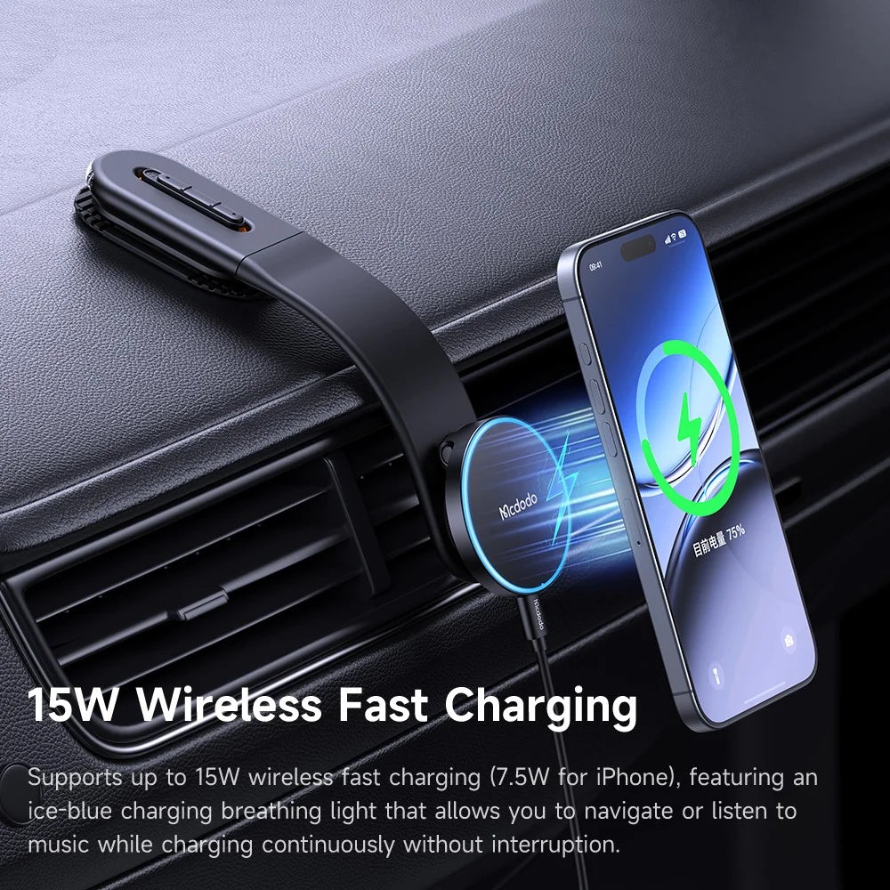 MCDODO CH-6290 MagiGo Pro Magnetic Car Holder 15W Fast Charging Station Wireless Charger Bendable Mount for Dashboard - Black - 6