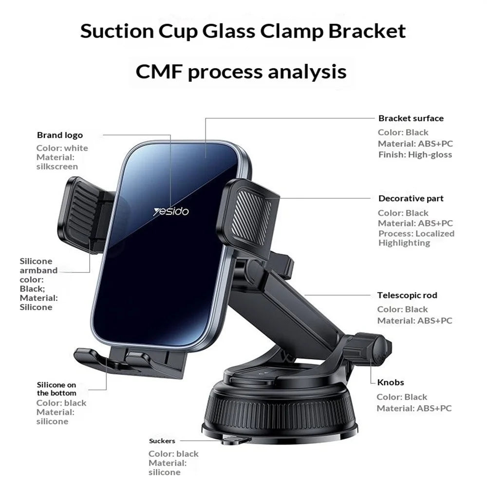 YESIDO C279 360° Rotating Car Phone Holder Suction Cup Mount Dashboard Windshield Stand Adjustable Bracket - Black - 6