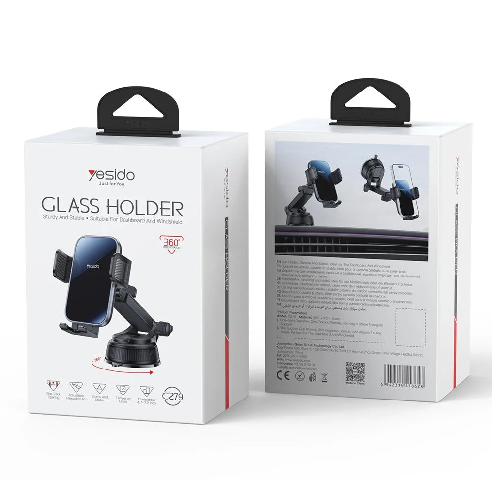 YESIDO C279 360° Rotating Car Phone Holder Suction Cup Mount Dashboard Windshield Stand Adjustable Bracket - Black - 7