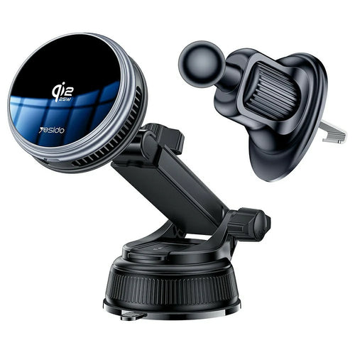 YESIDO C326 Qi2 25W Magnetic Wireless Car Charger Cooling Mount with Suction Cup and Air Vent Clip - Black - 1