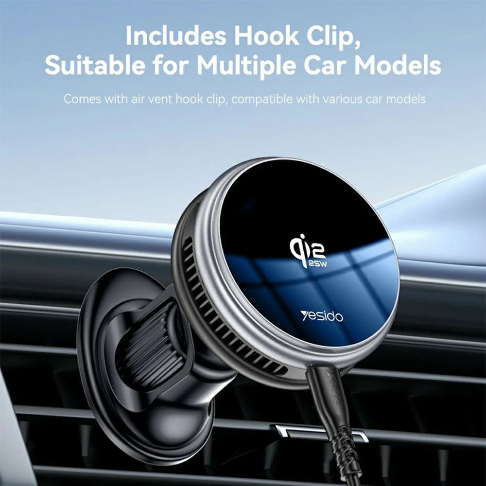 YESIDO C326 Qi2 25W Magnetic Wireless Car Charger Cooling Mount with Suction Cup and Air Vent Clip - Black - 5