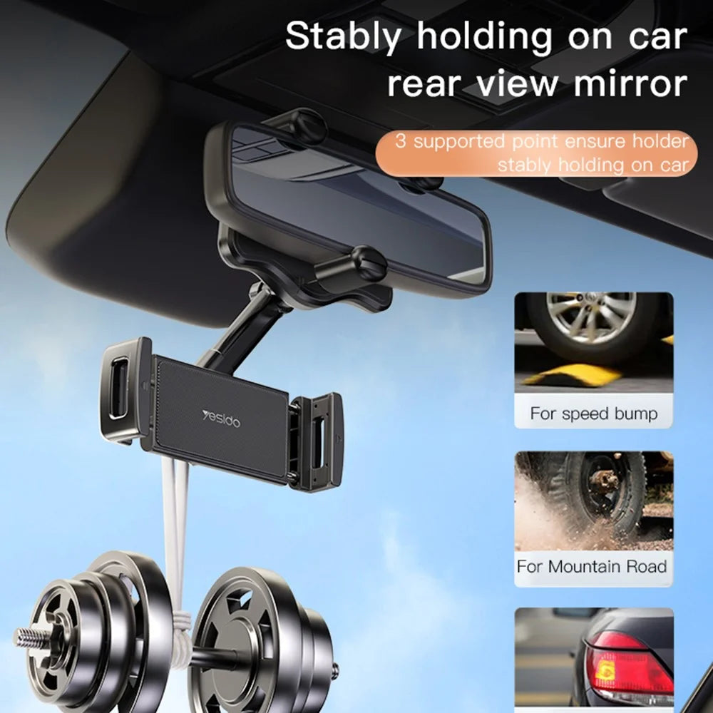 YESIDO C196 Car Rearview Mirror Phone Holder 360 Degrees Rotating ABS Cellphone Bracket - 2