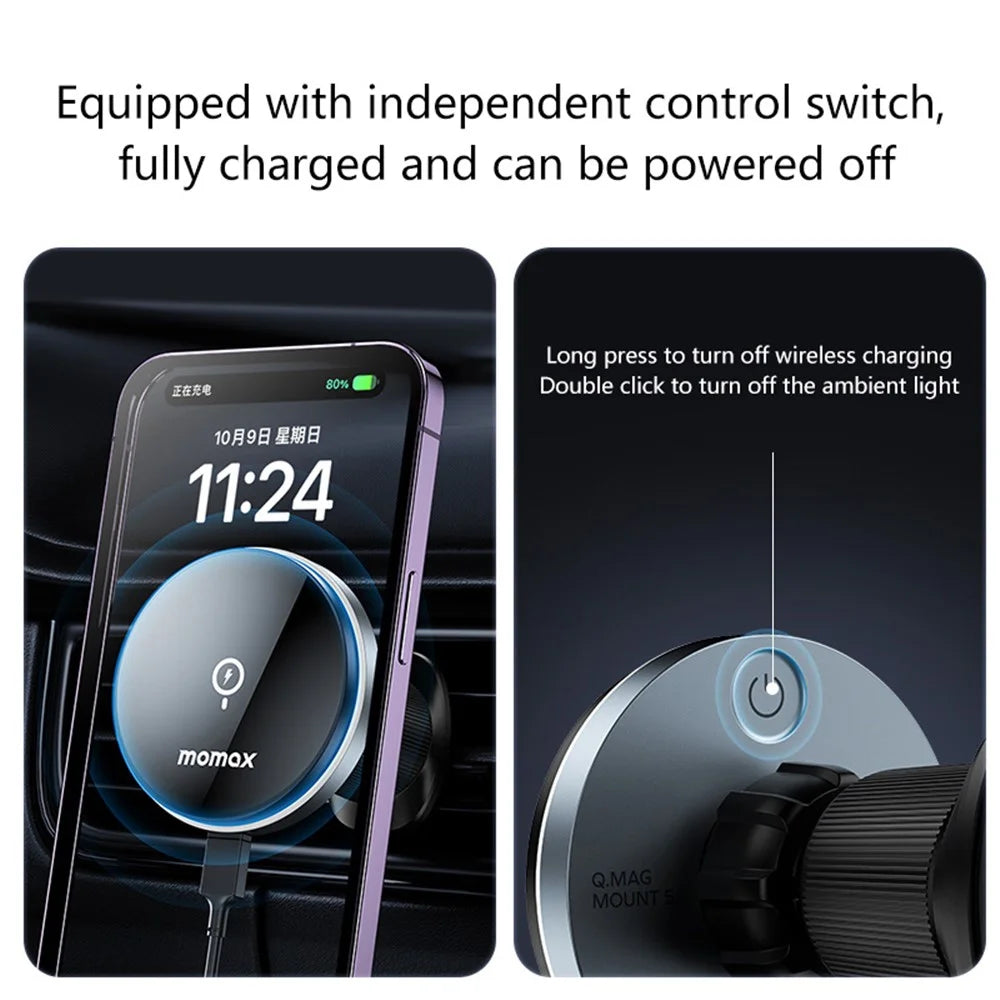 MOMAX Q.MAG MOUNT 5 CM25A Magnetic Wireless Car Charger Mount Air Vent Phone Charger Holder (15W Dark Grey) - 4
