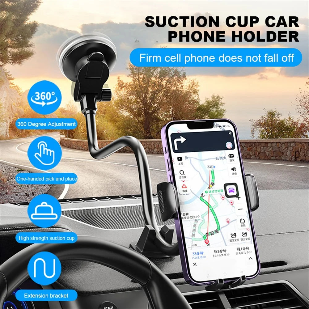 X034 Gen. 9th Multi-Function Suction Cup Car Phone Mount Windshield Flexible Extended Car Phone Clip Holder for Universal Truck Bus - Black - 3