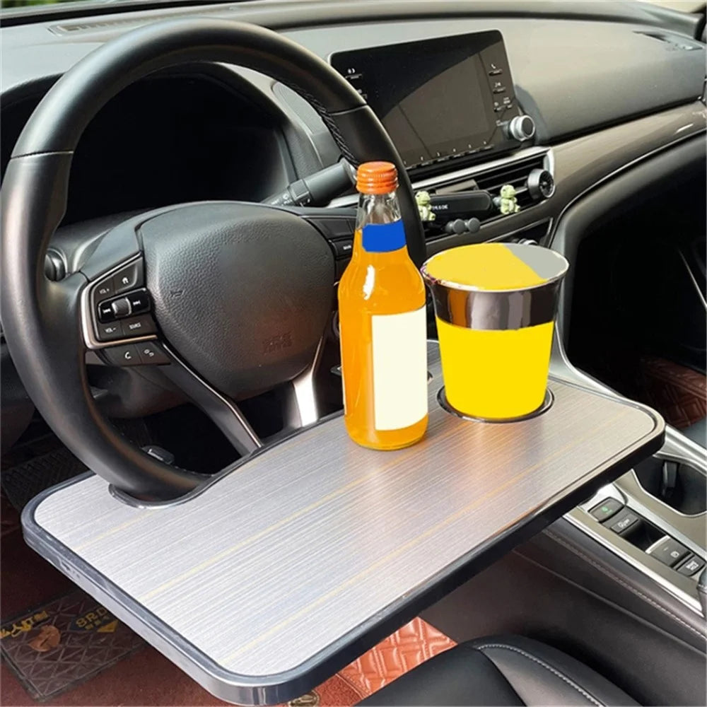 Steering Wheel ABS Desk Laptop Tablet Food Eating Vehicle Table Car Steering Wheel Tray - Brown+Wood Texture - 2