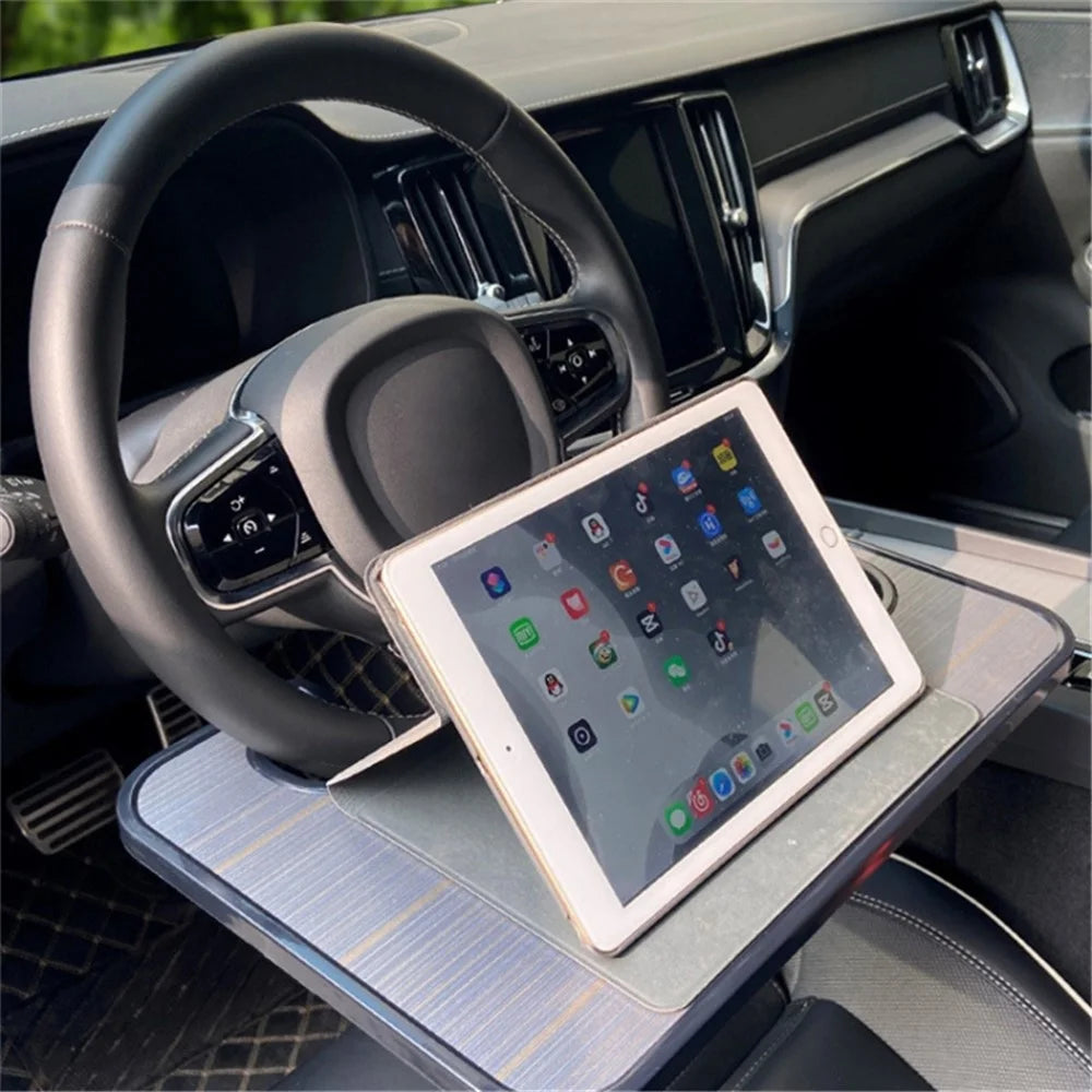Steering Wheel ABS Desk Laptop Tablet Food Eating Vehicle Table Car Steering Wheel Tray - Brown+Wood Texture - 3