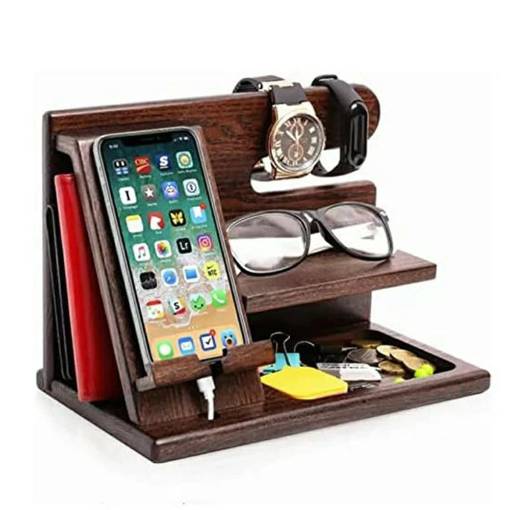 23335 Office Home Desktop Wooden Phone Charging Stand Glasses Watch Sundries Storage Rack - Walnut Color - 1