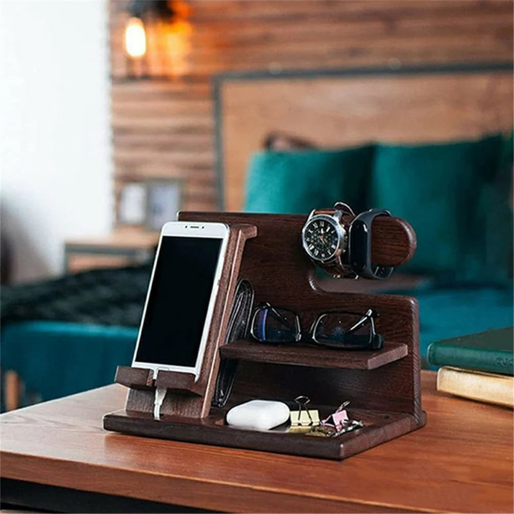 23335 Office Home Desktop Wooden Phone Charging Stand Glasses Watch Sundries Storage Rack - Walnut Color - 2