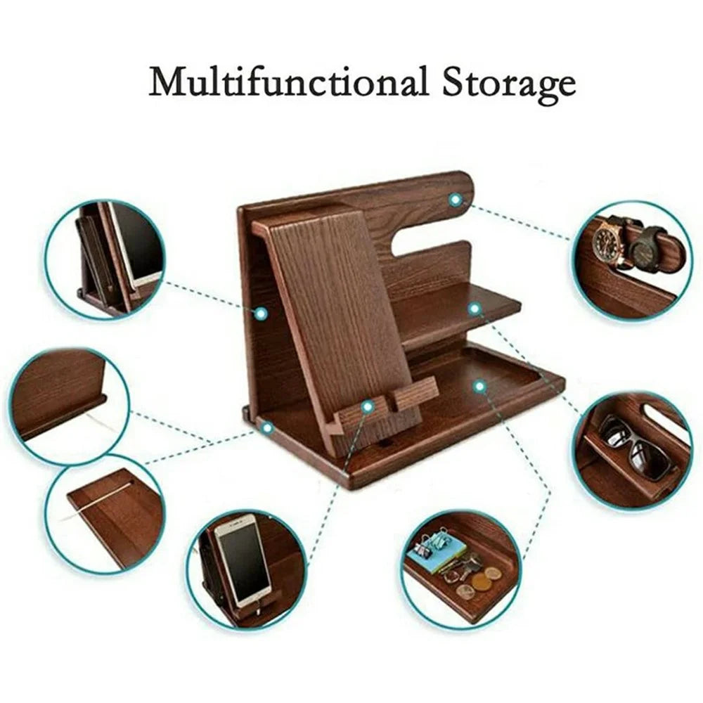 23335 Office Home Desktop Wooden Phone Charging Stand Glasses Watch Sundries Storage Rack - Walnut Color - 3