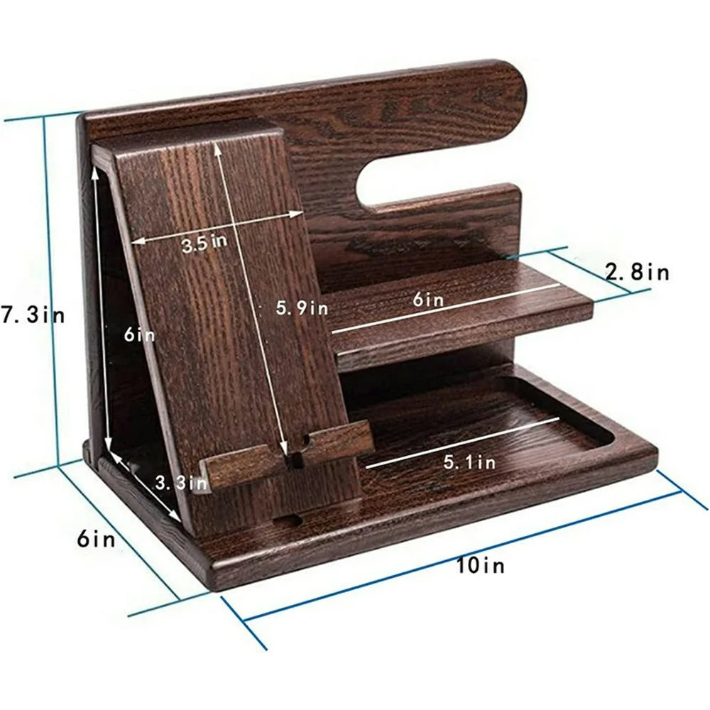 23335 Office Home Desktop Wooden Phone Charging Stand Glasses Watch Sundries Storage Rack - Walnut Color - 4