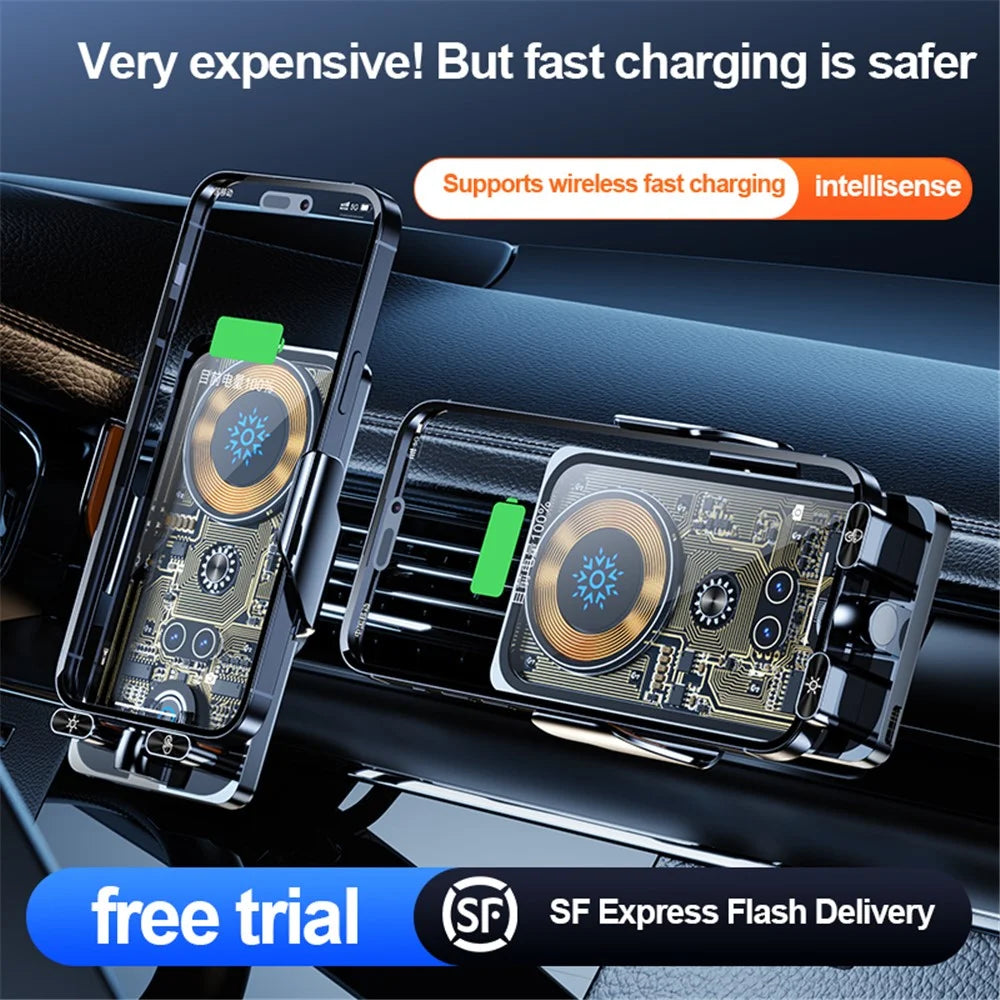 F18 Car Wireless Charger Infrared Sensor Aluminum Alloy+PC Phone Charging Bracket with 2 Magnetic Plugs - Transparent Black - 2