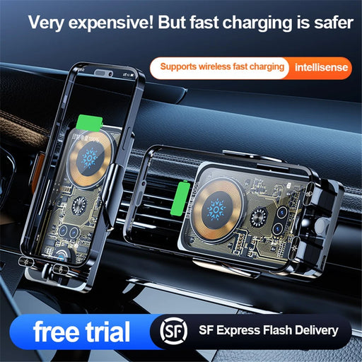 F18 Car Wireless Charger Infrared Sensor Aluminum Alloy+PC Phone Charging Bracket with 2 Magnetic Plugs - Transparent Black - 2