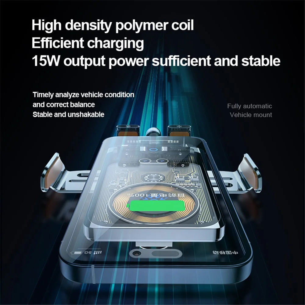 F18 Car Wireless Charger Infrared Sensor Aluminum Alloy+PC Phone Charging Bracket with 2 Magnetic Plugs - Transparent Black - 5