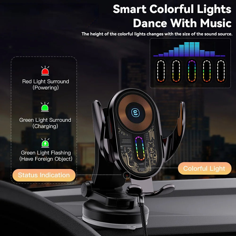 ESSAGER Music Pickup Lighting Car Phone Holder Wireless Charger with Hook+Suction Cup Bottom - 6