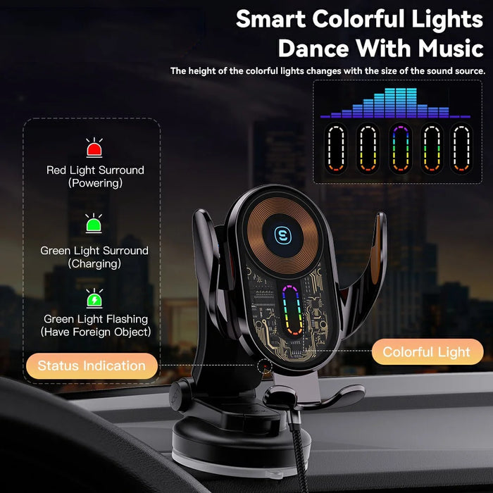 ESSAGER Music Pickup Lighting Car Phone Holder Wireless Charger with Hook+Suction Cup Bottom - 6